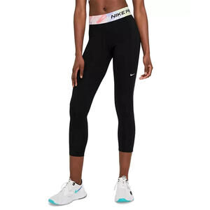 Nike Pro Women's Black Polyester Printed-Waist Logo 7/8 Length Legging, Size-XS